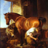 Edwin Henry Landseer - Shoeing (1844) Romanticism Animal Art – Hand-Painted Oil Reproduction by Dafen Village Studio 1 Hand-painted oil reproduction of Edwin Henry Landseer's 1844 painting Shoeing depicting a bay mare horse in a blacksmith forge.