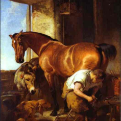 Hand-painted oil reproduction of Edwin Henry Landseer's 1844 painting Shoeing depicting a bay mare horse in a blacksmith forge.