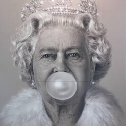 Hand-Painted Queen Elizabeth Blowing Bubblegum Oil Painting on Canvas – Pop Art Royalty Wall Decor