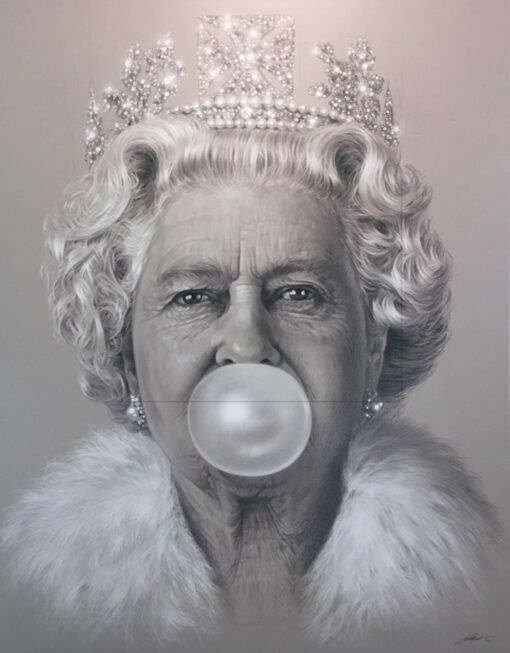 Hand-Painted Queen Elizabeth Blowing Bubblegum Oil Painting on Canvas – Pop Art Royalty Wall Decor