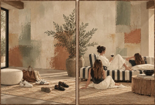 Mediterranean Afternoon Diptych Oil Painting: Bohemian Lifestyle & Modern Color Field Art on Linen Canvas
