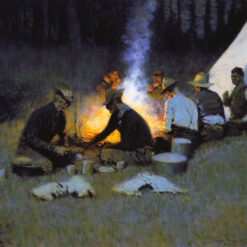 Hand-painted oil reproduction of Frederic Remington's Western campfire painting The Hunters' Supper on canvas