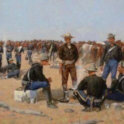 Frederic Remington A Cavalryman's Breakfast on the Plains Oil Painting Reproduction A Cavalryman's Breakfast on the Plains by Frederic Remington Title: A Cavalryman's Breakfast on the Plains Painted by: Frederic Remington Hand-painted oil reproduction of Frederic Remington A Cavalryman's Breakfast on the Plains depicting U.S. Cavalry soldiers around a morning campfire