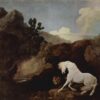 George Stubbs / A Horse Frightened by a Lion (1770) - Hand-Painted Oil Reproduction by Dafen Village Studio 2 Hand-painted oil reproduction of George Stubbs' 1770 painting A Horse Frightened by a Lion on canvas featuring a white horse reacting to a lion in a rocky landscape.