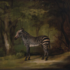 Reproduction à l'huile peinte à la main de l'œuvre de George Stubbs datant de 1763, intitulée ' A Zebra », représentant un zèbre exotique dans un décor de forêt anglaise.