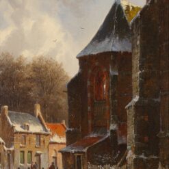 Hand painted oil painting replica of A Winter Street Scene by Adrianus Eversen, Dutch 19th century snowy townscape oil art by Dafen Studio artists