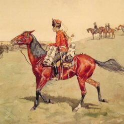 Hand-painted oil reproduction of Frederic Remington's military artwork Hussar, Russian Guard Corps on square canvas