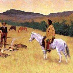 Frederic Remington The Parley Oil Painting Reproduction ￼ Title: The Parley Painted by: Frederic Remington Orientation: Hand-painted oil reproduction of Frederic Remington's Western painting The Parley on canvas