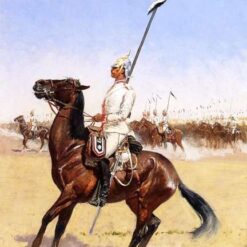 Hand-painted oil reproduction of Frederic Remington's military artwork Cuirassiers on vertical canvas