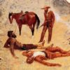 Frederic Remington He Lay Where He Had Been Jerked, Still as a Log Hand-Painted Oil Painting Reproduction by Dafen Village Studio 2 Hand-painted oil reproduction of Frederic Remington's Western narrative painting He Lay Where He Had Been Jerked, Still as a Log on canvas