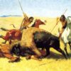 Frederic Remington / The Buffalo Hunt (1890) Western Art – Hand-Painted Oil Reproduction by Dafen Village Studio 2 Hand-painted oil reproduction of Frederic Remington The Buffalo Hunt depicting Native Americans hunting bison on horseback