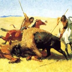 Hand-painted oil reproduction of Frederic Remington The Buffalo Hunt depicting Native Americans hunting bison on horseback