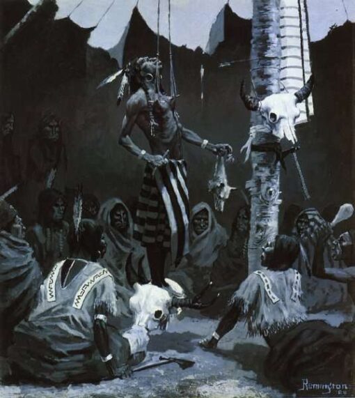 Frederic Remington / Mandan Initiation Ceremony (the Sundance) (1888) Western Art – Hand-Painted Oil Reproduction by Dafen Village Studio