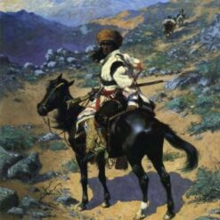 Hand-painted oil reproduction of Frederic Remington An Indian Trapper depicting a Native American trapper with a rifle in winter attire