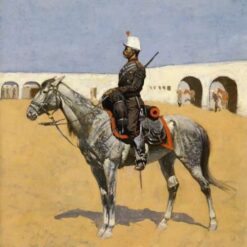 Hand-painted oil reproduction of Frederic Remington's military artwork Cavalryman of the Line, Mexico on vertical canvas