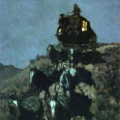 Hand-painted oil reproduction of Frederic Remington The Old Stage Coach of the Plains depicting a nocturnal stagecoach journey