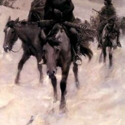 Hand-painted oil reproduction of Frederic Remington's Western painting On the Trail on vertical canvas