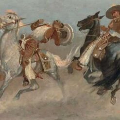 Hand-painted oil reproduction of Frederic Remington Cowboy Fun In Old Mexico depicting vaqueros performing horsemanship tricks on galloping horses