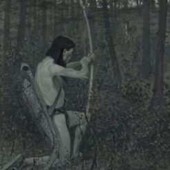 Hand-painted oil reproduction of Frederic Remington's painting Then Upon One Knee Uprising Hiawatha Aimed An Arrow on vertical canvas