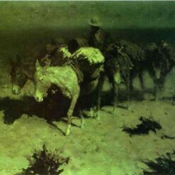 Hand-painted oil reproduction of Frederic Remington A Pack Train depicting pack mules and cowboys traversing a mountain trail