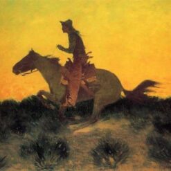 Hand-painted oil reproduction of Frederic Remington Against The Sunset depicting riders silhouetted against glowing twilight sky