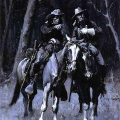 Hand-painted oil reproduction of Frederic Remington Cheyenne Scouts Patrolling The Big Timber depicting riders in Oklahoma woods