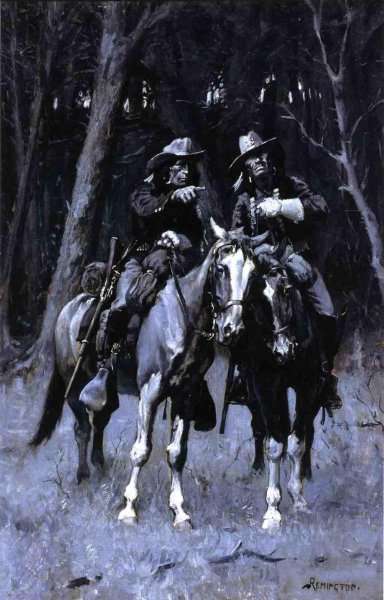 Frederic Remington / Cheyenne-Späher auf Patrouille im Big Timber des North Canadian in Oklahoma (1889) Westernkunst – Handgemalte Ölreproduktion von Dafen Village Studio