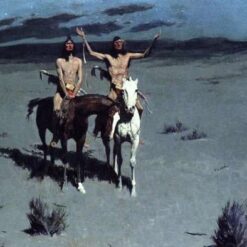 Hand-painted oil reproduction of Frederic Remington Pretty Mother Of The Night depicting Native American horsemen under moonlight