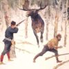 Frederic Remington / The Moose Hunt (1890) Western Art – Hand-Painted Oil Reproduction by Dafen Village Studio 1 Hand-painted oil reproduction of Frederic Remington The Moose Hunt depicting hunters in a canoe tracking a moose