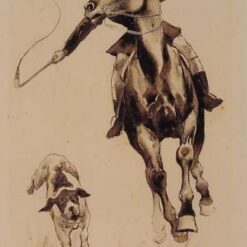 Hand-painted oil reproduction of Frederic Remington Whipping In A Straggler depicting a cowboy on horseback turning a steer back into the herd