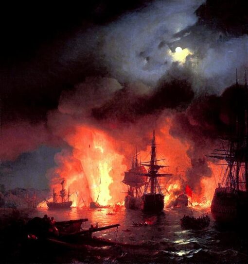 Hand-Painted “Battle of Cesme at Night” (1848) Oil Painting Reproduction – Ivan Aivazovsky | Dafen Studio Fine Art
