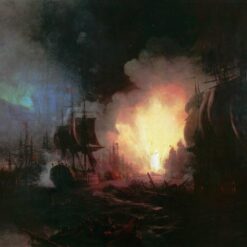 Detail Image 1: Close-up of the brushstrokes showing fiery explosions, smoke, and burning ship timber. Image Alt Text: Hand painted oil brushstroke texture close up Ivan Aivazovsky Battle of Chesma Detail Image 2: Detail of sailors in rowing boats and glowing reflections on the night sea. Image Alt Text: Detailed hand painted canvas art Ivan Aivazovsky Chesmenskoye srazheniye naval battle Lifestyle Image: Framed historical painting hanging in a stately home library or executive office setting. Image Alt Text: Framed Battle of Chesma ocean naval battle oil painting in classic home office decor 4. Product Description Short Description (Appears next to price / Add to Cart button): Capture the glowing fire, historic grandeur, and dramatic power of classic naval history. Hand-painted by experienced studio artists in Dafen Oil Painting Village, this 100% oil-on-canvas reproduction of Ivan Aivazovsky’s Battle of Chesma (1886) reproduces the fiery reflections, billowing smoke, and moonlight with rich tactile depth. Available in custom dimensions, rolled or ready-to-hang framed canvas. Full Product Description: Experience the Fiery Drama of "Battle of Chesma" – 100% Hand-Painted Fine Art Step into one of the most thrilling naval scenes in art history with this exquisite hand-painted reproduction of Ivan Aivazovsky’s masterpiece, Battle of Chesma (Чесменское сражение). Depicting the decisive 1770 night battle between Russian and Ottoman fleets, Aivazovsky demonstrates his world-renowned genius for light by contrasting the cool glow of the full moon with the fiery inferno of exploding warships across turbulent waters. Crafted with care and precision by skilled studio artists in Dafen Oil Painting Village, this reproduction is 100% hand-painted using premium oil paints on heavy artist-grade canvas. Every layer of glaze, flickering flame reflection, and swirling smoke plume is meticulously painted to preserve the emotional intensity and historical power of Aivazovsky's original Romanticist vision. Key Features & Craftsmanship 100% Genuine Hand-Painted Oil Painting: Authentic oil-on-canvas craftsmanship—no digital prints, giclée overlays, or machine printing. Masterful Contrast & Lighting: Recreates Aivazovsky’s iconic play of light, capturing the dramatic tension between fiery orange reflections and cool moonlight. Archival Fine Art Durability: Painted using professional, lightfast oil pigments on durable canvas to ensure long-lasting color vibrancy without fading. Direct Studio Quality & Value: Handcrafted directly in our Dafen studio, delivering museum-grade fine art directly to your door without middleman markups. Flexible Display Options: Available as a flexible rolled canvas (shipped in a protective tube) or stretched and ready-to-hang framed options. Artwork Specifications Original Artist: Ivan Aivazovsky (1886) Original Title: Чесменское сражение (Battle of Chesma