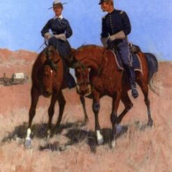 Hand-painted oil reproduction of Frederic Remington Belle McKeever and Lt. Edgar Wheelock depicting a frontier woman and U.S. Cavalry officer