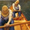 Gustave Caillebotte: Boaters Rowing on the Yerres (c.1877) Impressionist Masterpiece – Hand-Painted Oil Reproduction by Dafen Village Studio 2 Hand-painted oil painting reproduction of Gustave Caillebotte Boaters Rowing on the Yerres showing men rowing skiffs on a sunlit river surrounded by green trees