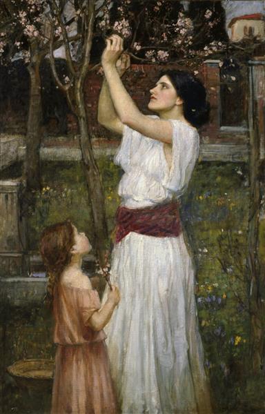 Gathering Almond Blossoms (1916) by John William Waterhouse – Hand-Painted Oil Painting Reproduction