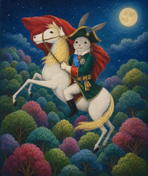 Majestic General Rabbit Riding White Horse Oil Painting | Whimsical Fine Art Canvas