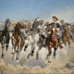 Hand-painted oil reproduction of Frederic Remington Dismounted, The Fourth Trooper Moving the Led Horses depicting a U.S. Cavalry soldier managing squad horses