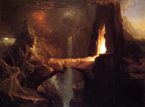 Expulsion. Moon and Firelight (c.1828) by Thomas Cole – Hand-Painted Oil Painting Reproduction