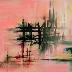 Hand-painted modern pink and green abstract landscape oil painting on linen canvas