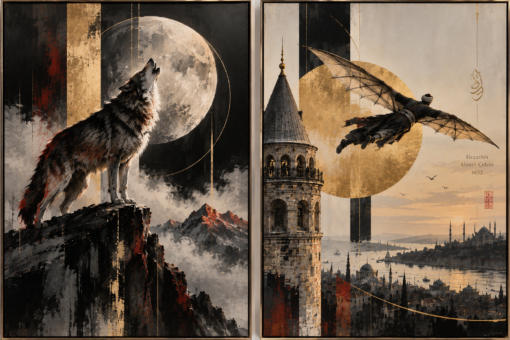 Handgemaltes Ölgemälde Diptychon: Hezarfen Ahmet Çelebi & Wolf im Mondlicht – Osmanische Geschichte & Moderne Wandkunst auf Leinwand