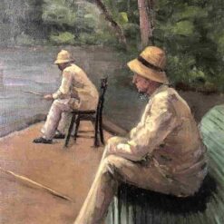 Hand-painted oil painting reproduction of Gustave Caillebotte Fishermen on the Banks of the Yerres showing figures fishing by a sunlit green riverbank