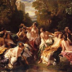 Hand-painted oil reproduction of Franz Xaver Winterhalter's 1853 painting Florinda showing women bathing in a forest garden.