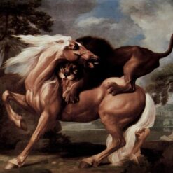 Reproduction à l'huile peinte à la main du tableau romantique monumental de George Stubbs, intitulé ' Cheval attaqué par un lion », datant de 1762 environ.