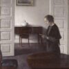 Vilhelm Hammershøi Interior with a Reading Lady (1900) Fine Art – Hand-Painted Oil Reproduction by Dafen Village Studio 1 Hand-painted oil reproduction of Vilhelm Hammershoi interior painting Interior with a Reading Lady 1900