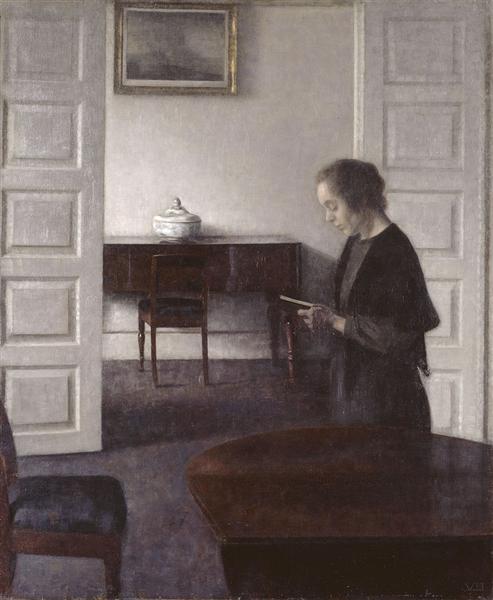 Vilhelm Hammershøi Interior with a Reading Lady (1900) Fine Art – Hand-Painted Oil Reproduction by Dafen Village Studio