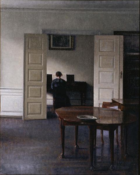Vilhelm Hammershøi Interior with Ida Playing the Piano (1910) Fine Art – Hand-Painted Oil Reproduction by Dafen Village Studio