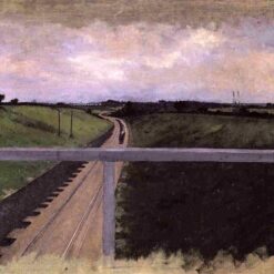 Hand-painted oil painting reproduction of Gustave Caillebotte Landscape with Railway Tracks showing iron train tracks running through a green French landscape