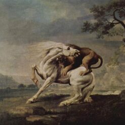 Reproduction à l'huile peinte à la main, d'après l'œuvre romantique de George Stubbs datant de 1765, intitulée ' Un lion attaquant un cheval », sur toile.
