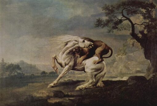 George Stubbs / Löwe, der ein Pferd angreift (1765) – Handgemalte Ölreproduktion von Dafen Village Studio