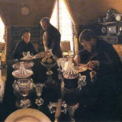 Hand-painted oil painting reproduction of Gustave Caillebotte Luncheon showing figures dining at a sunlit formal table with glassware